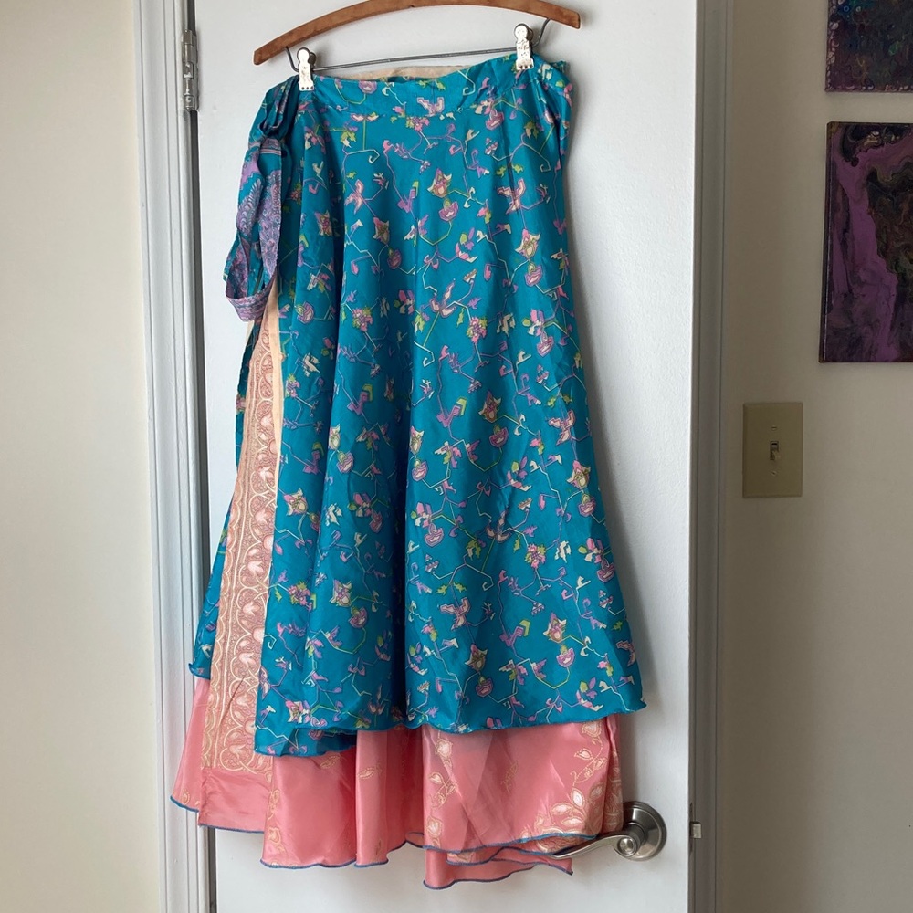 Silk Floral 2-layer Wrap Skirt in Blue and Pink